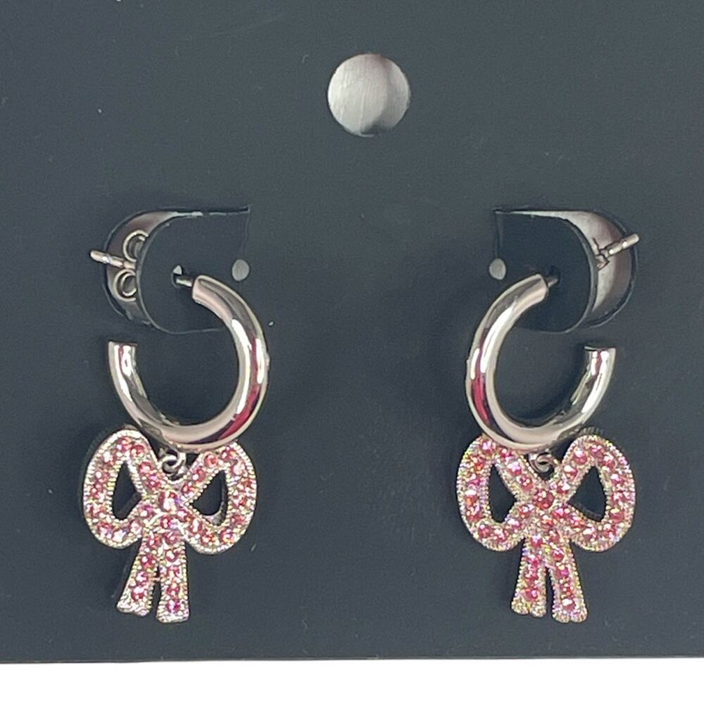 Coach Antique Huggie Bow Earrings, Silver Tone, Pink - Picture 3 of 4